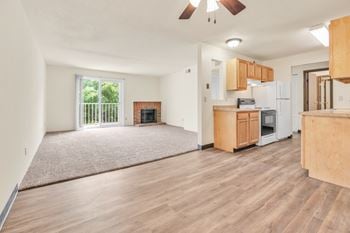 A living room with a fireplace and a kitchen area in the background.